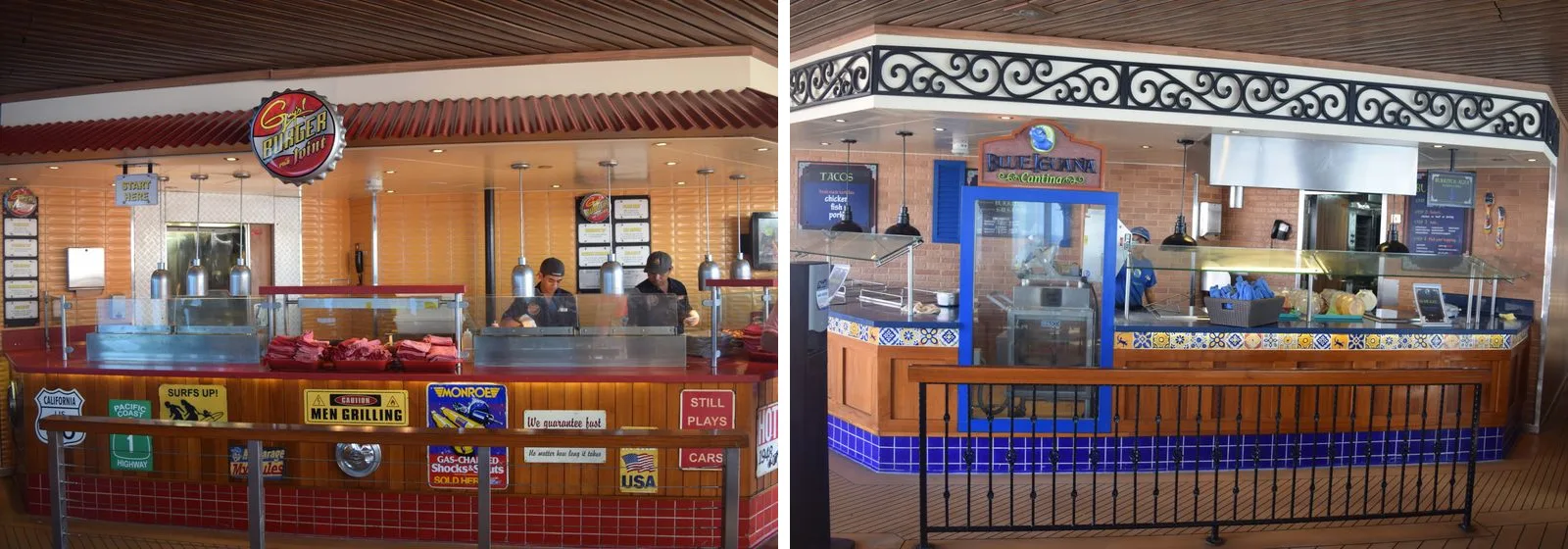 Two free food counters on Carnival Sunshine's pool deck: Guy's Burger Joint on the left and BlueIguana Cantina on the right